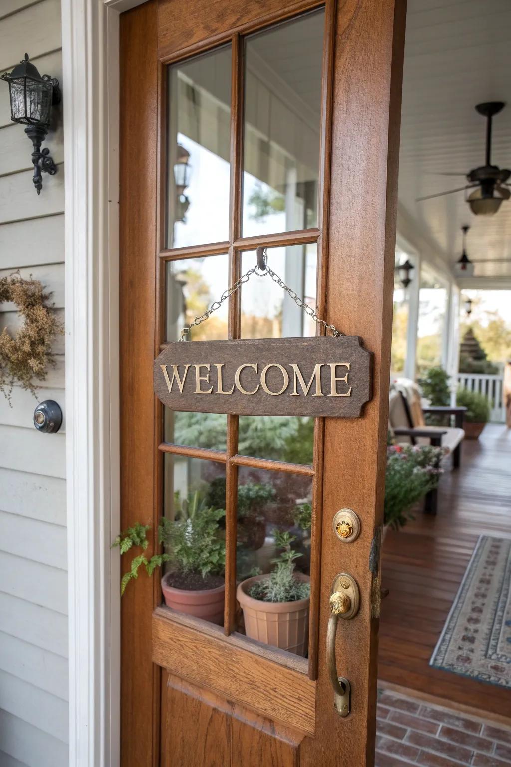 A personalized welcome sign adds a warm touch to this porch door.