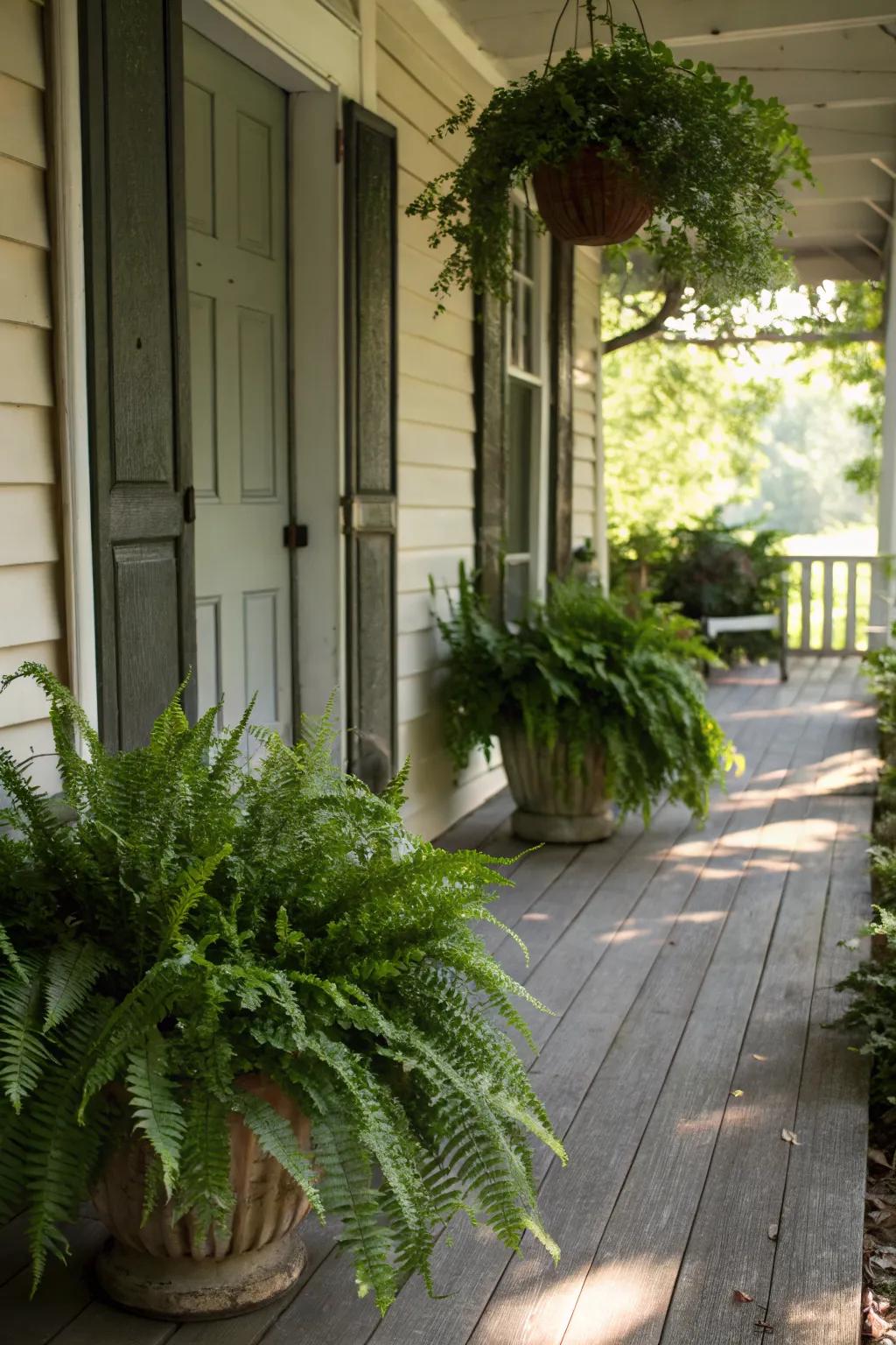 Ferns thrive in shaded areas, adding elegance and greenery to your porch.