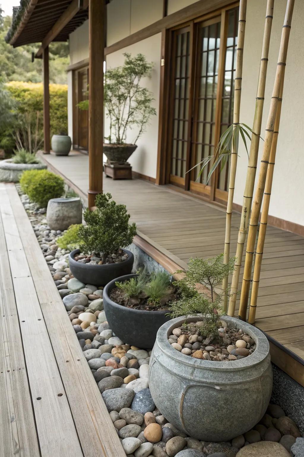 A zen garden-inspired porch with Japanese pots and bamboo.