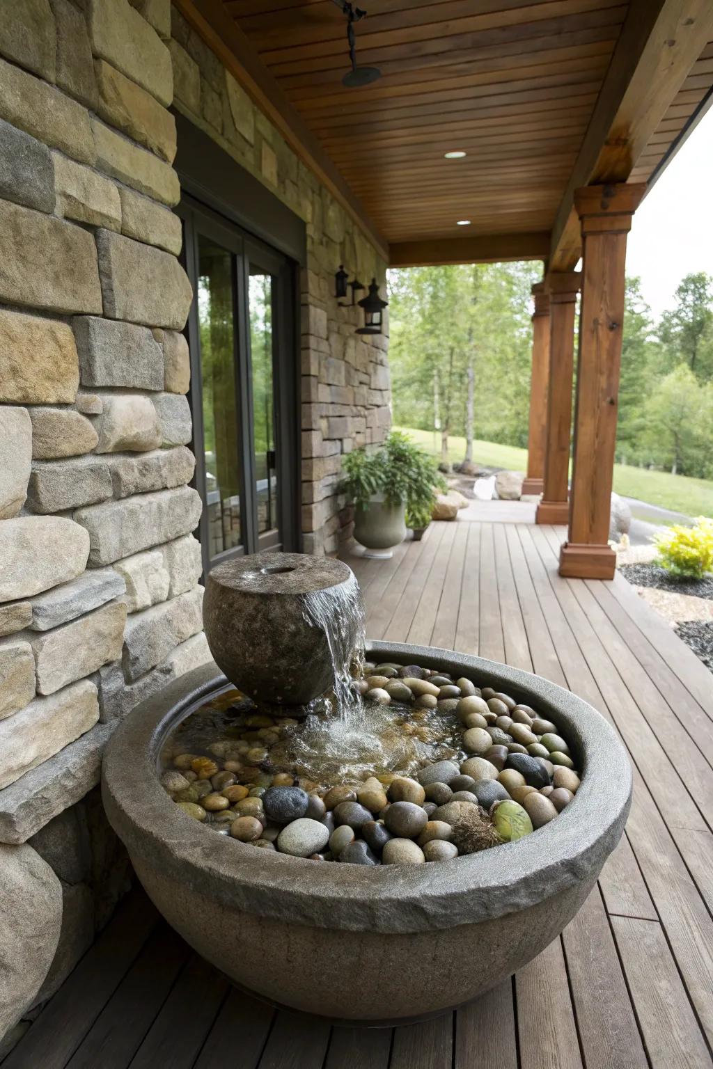A pebble basin fountain offers a natural touch to your porch.