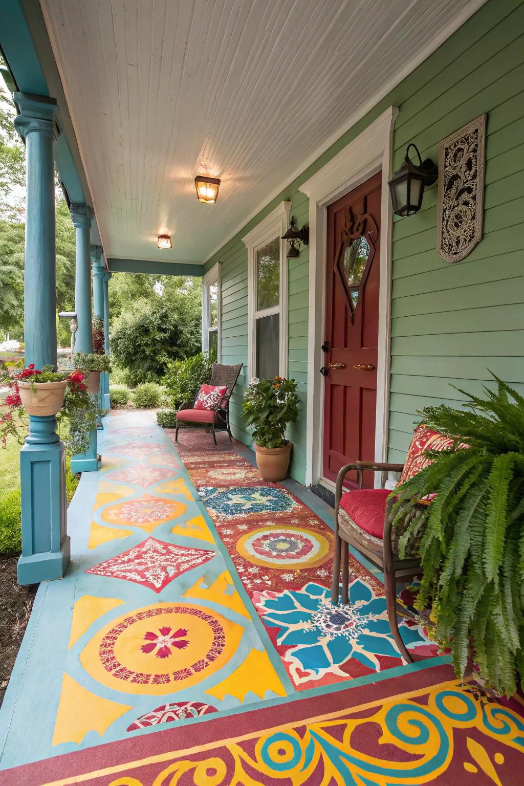 Painted concrete floors add a splash of color and pattern.