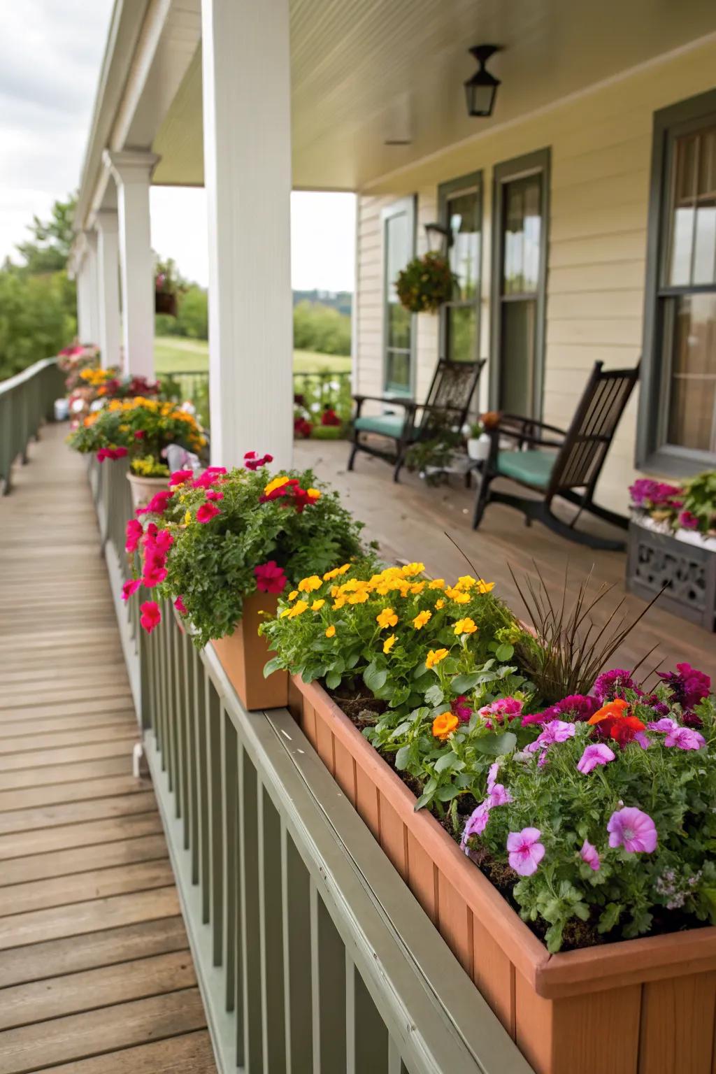 Enhance porch railings with colorful planter boxes.