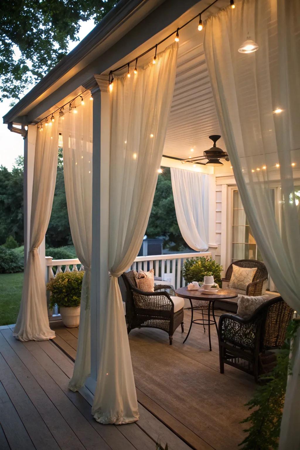 Outdoor curtains provide privacy and shade.