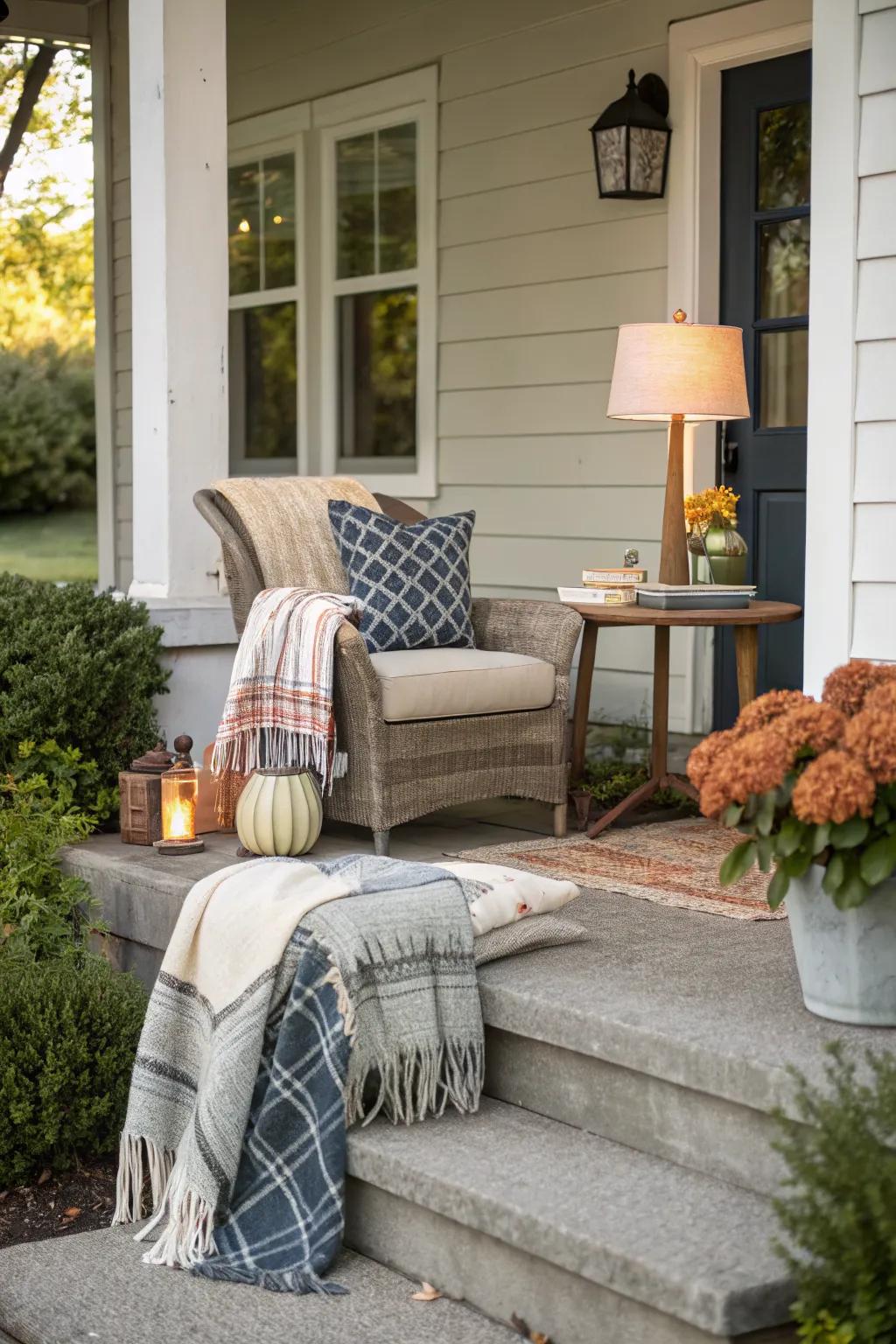 Inviting textiles make the stoop feel cozy and homely.
