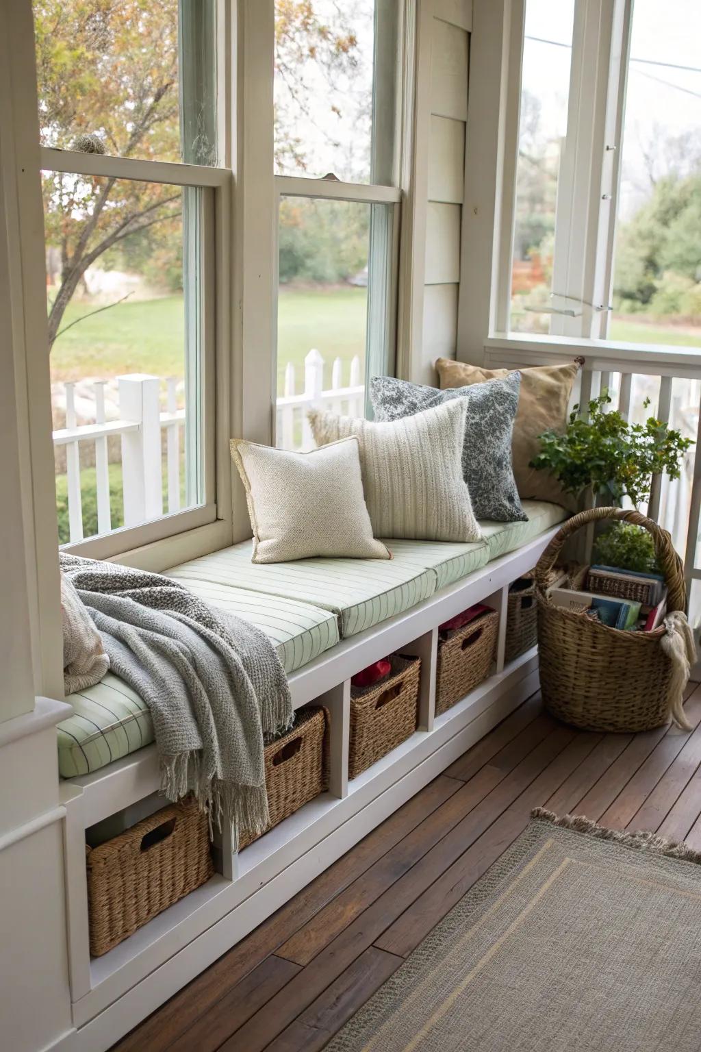 Window seat with storage for a clutter-free porch.