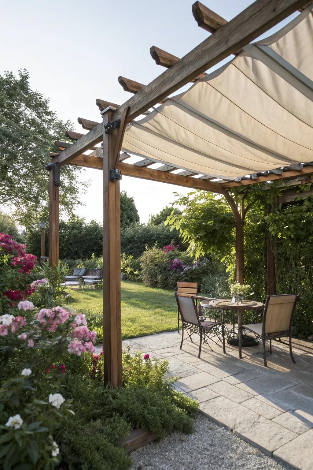 Adjust your shade with a folding canopy on your pergola.