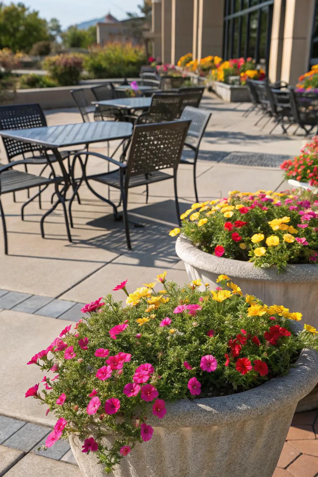 Portulaca in patio planters livens up outdoor living spaces.