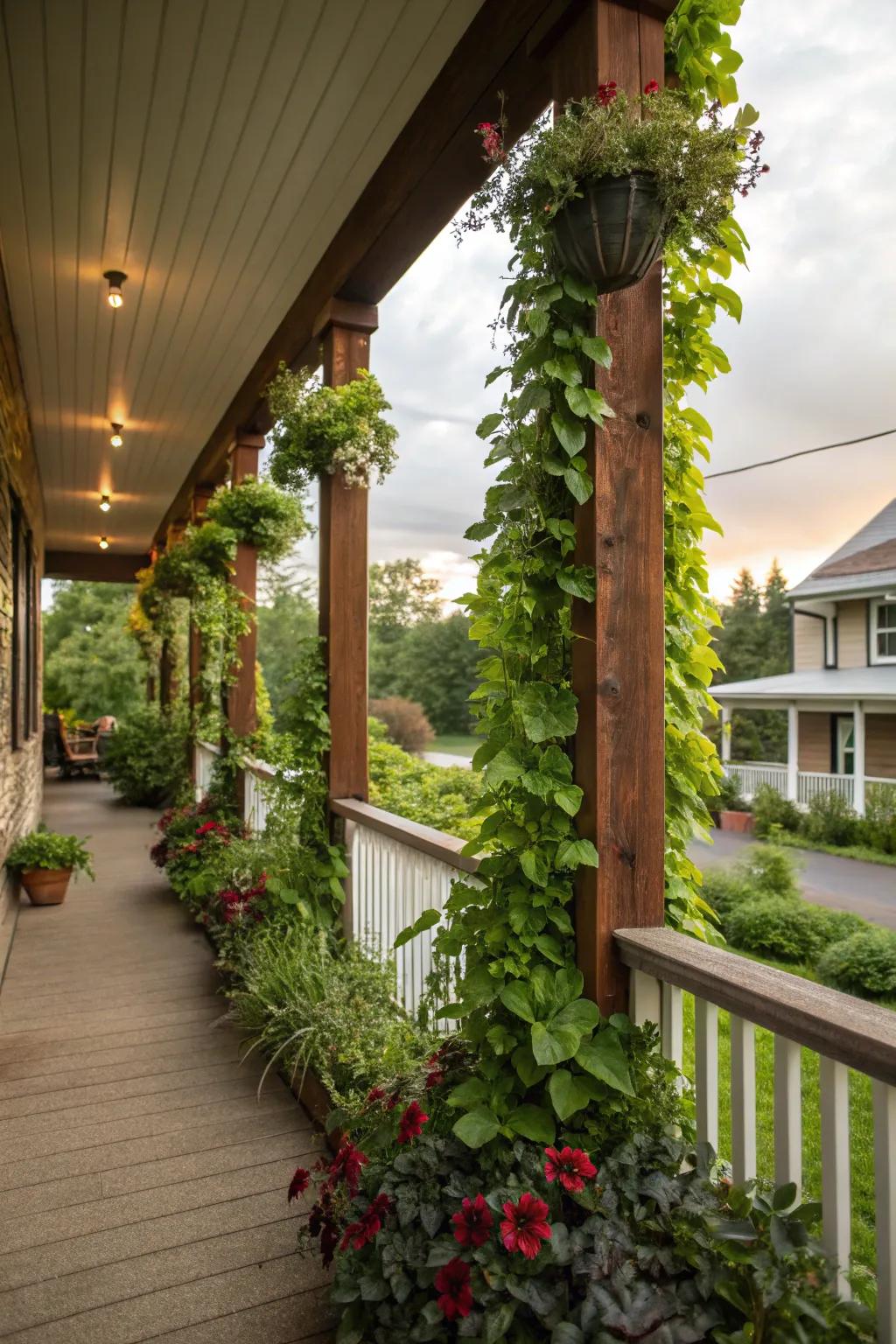 Vertical garden wraps bring vibrant life and color to porch posts.