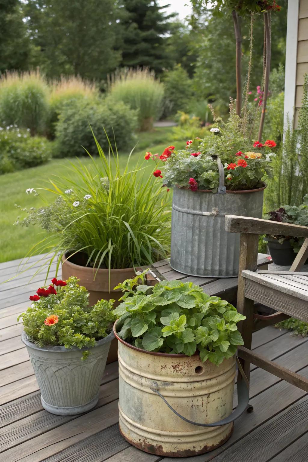 Unusual containers add personality and charm to your deck.