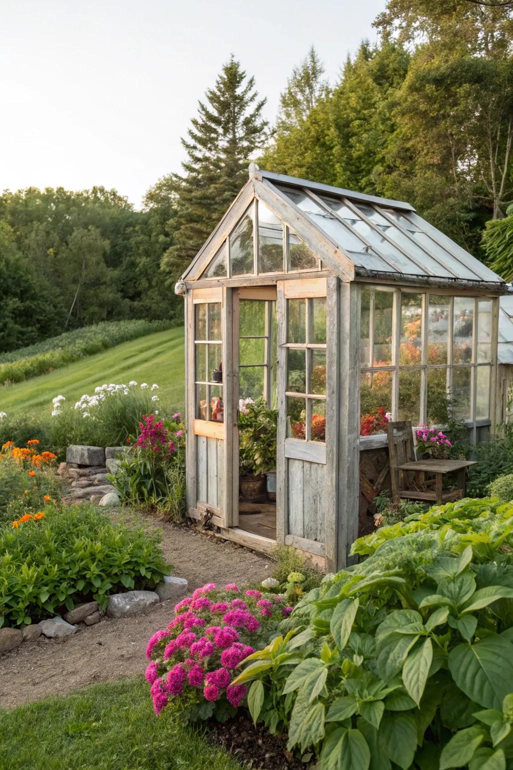 A reclaimed window greenhouse adds character and utility.