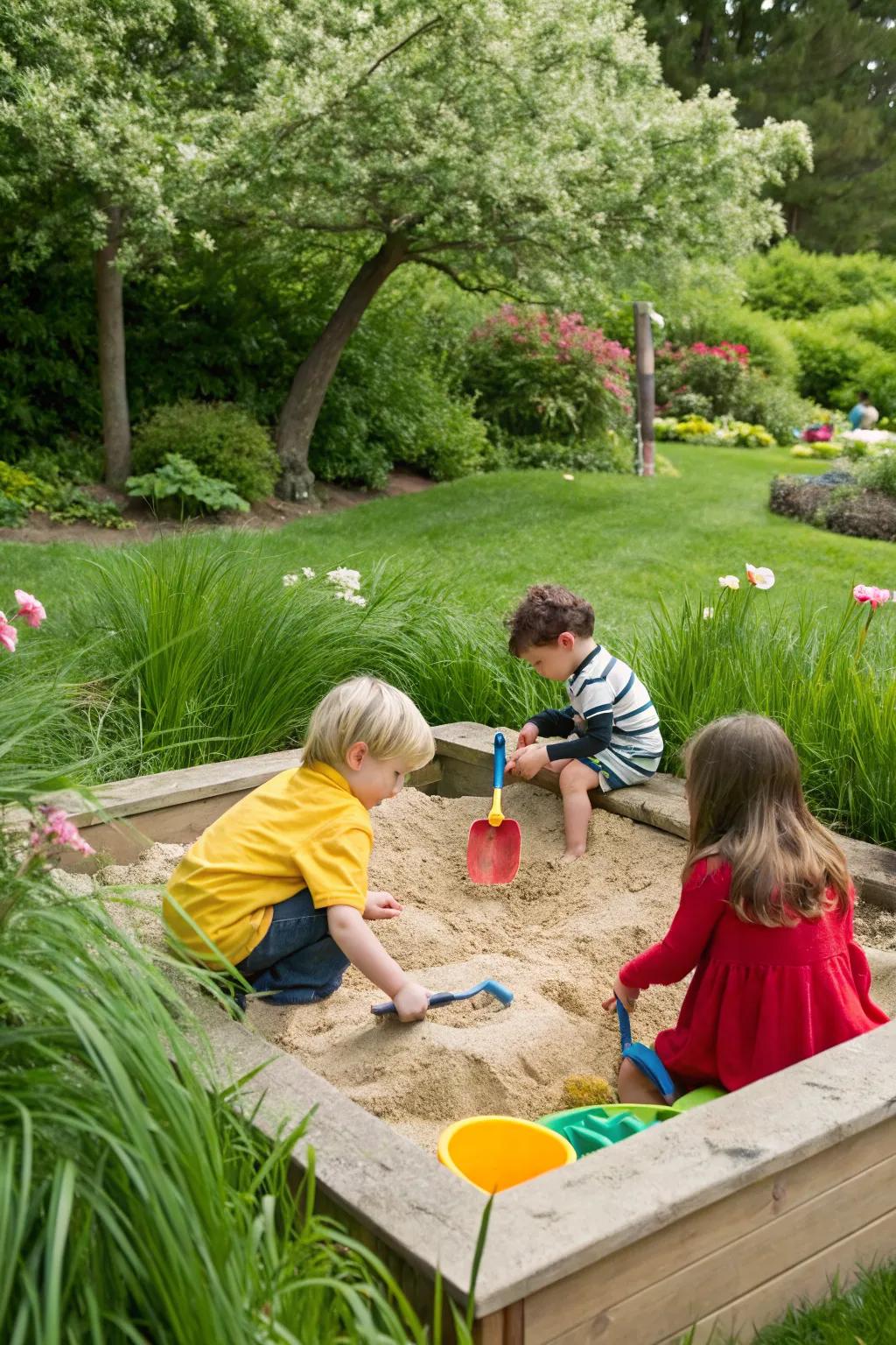 Preschoolers getting creative with sand and dirt in a natural play space.