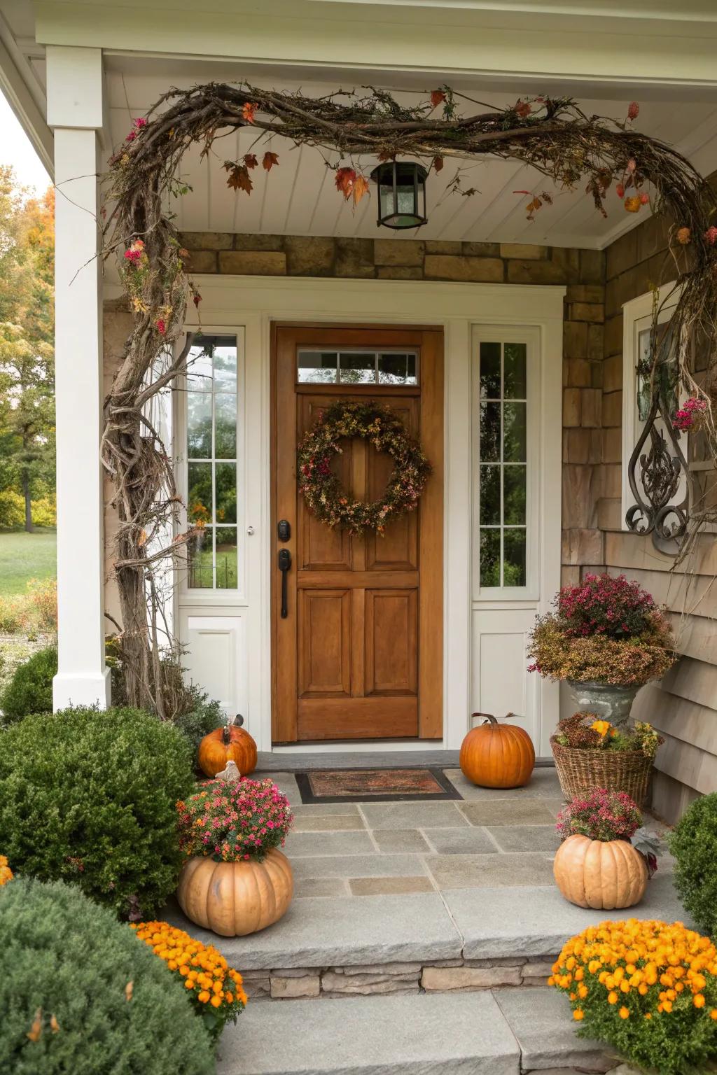 Grapevine wreaths provide rustic texture on this porch.