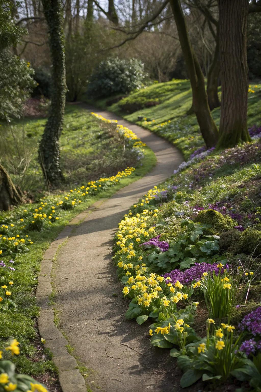 Primrose pathways add a fairy-tale feel to the garden.