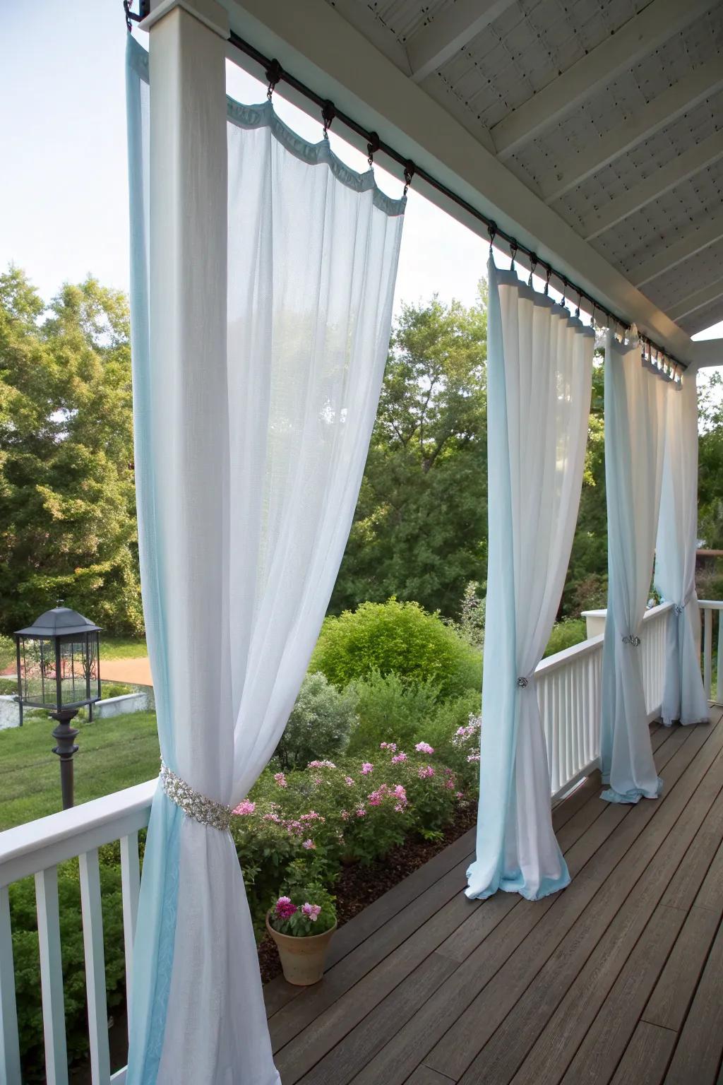 Outdoor curtains offer elegance and adjustability for deck privacy.