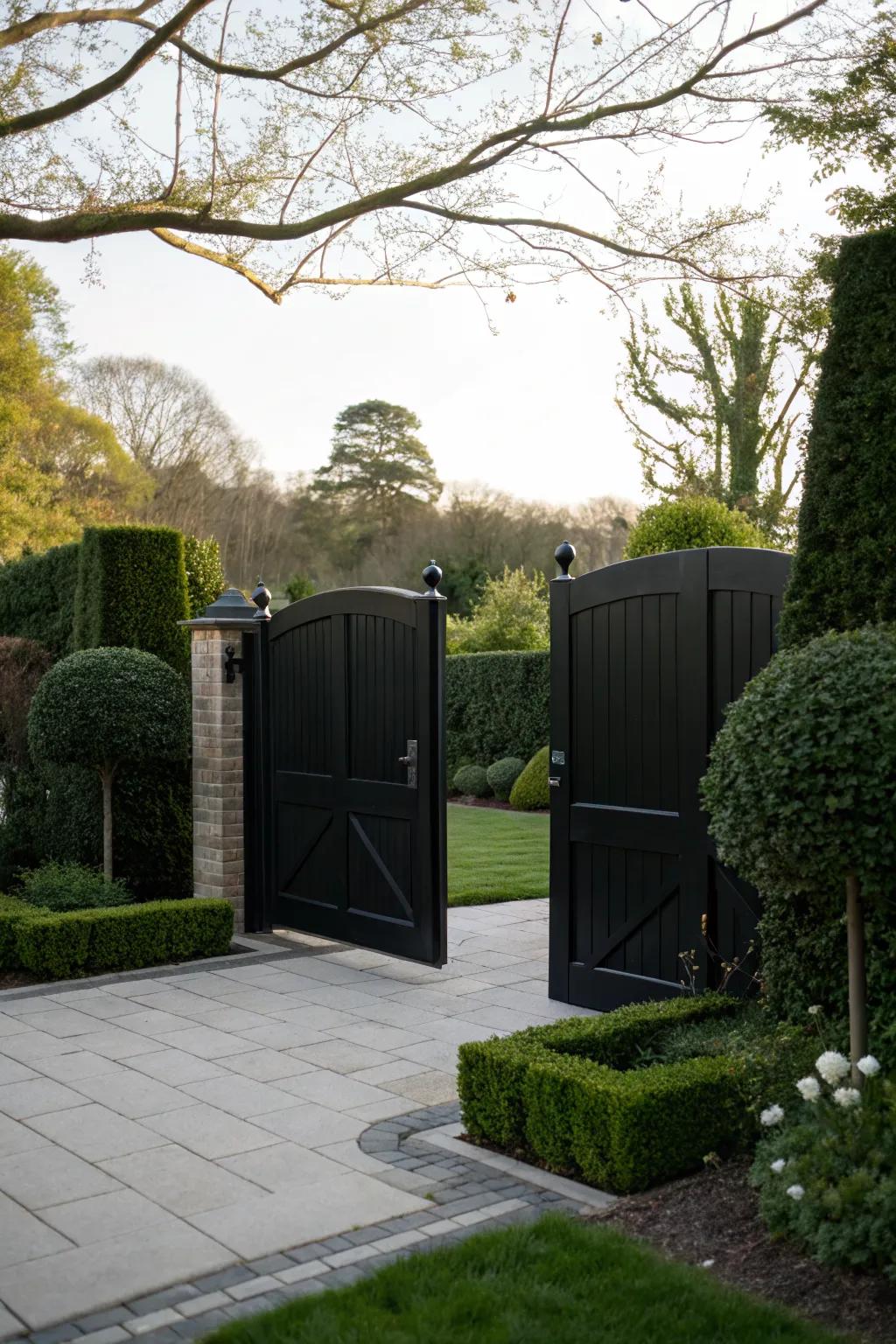 Bold black gates offer a dramatic and modern statement.