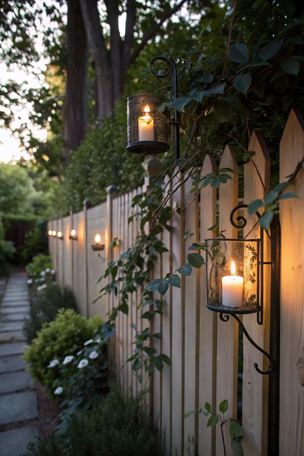 Fence-mounted sconces provide a cozy, intimate ambiance.