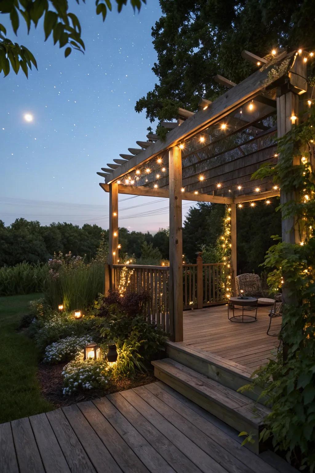 Trellis with lights adds a magical touch to privacy.