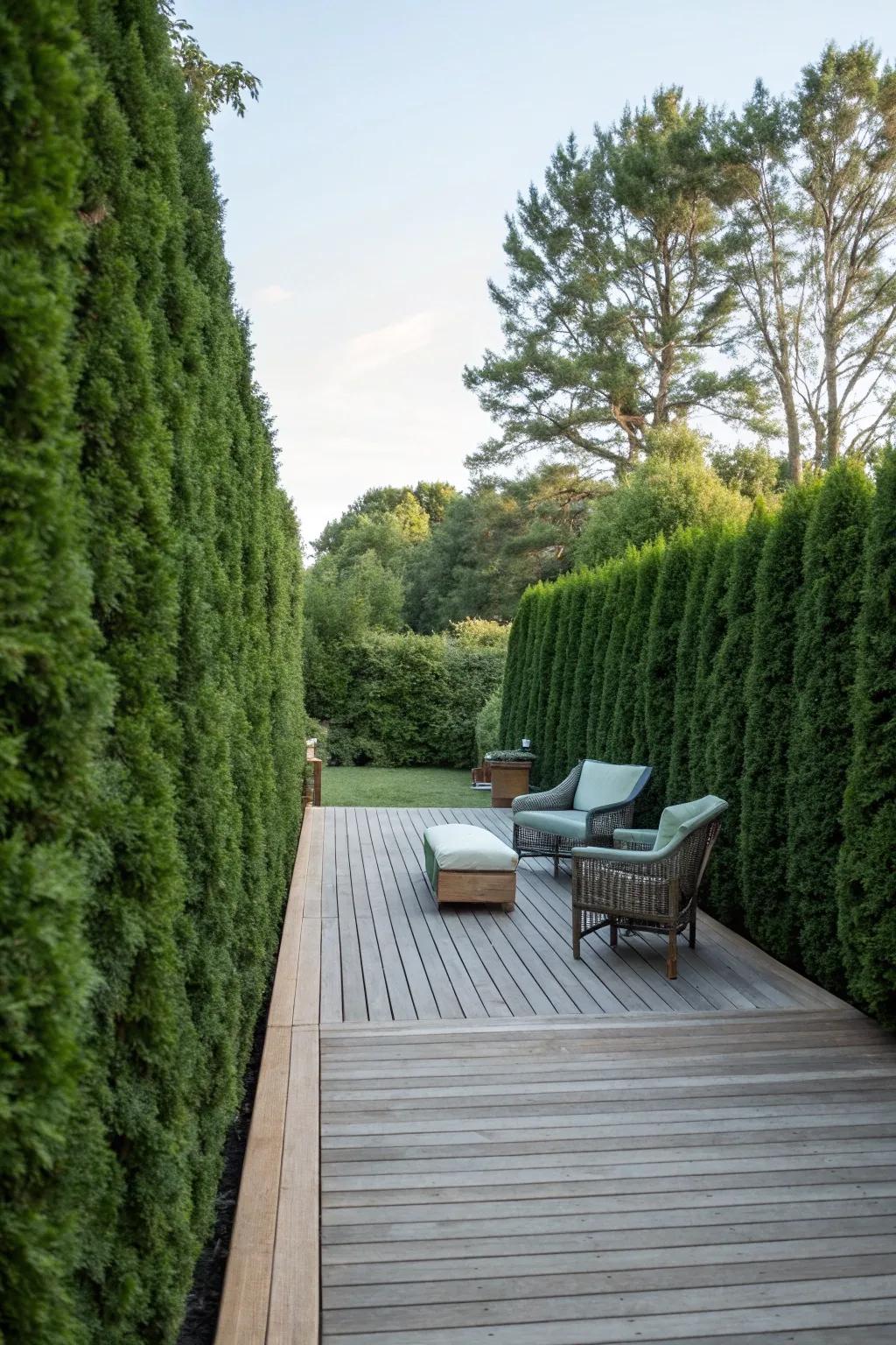 Enjoy continuous greenery and privacy with evergreen hedges.