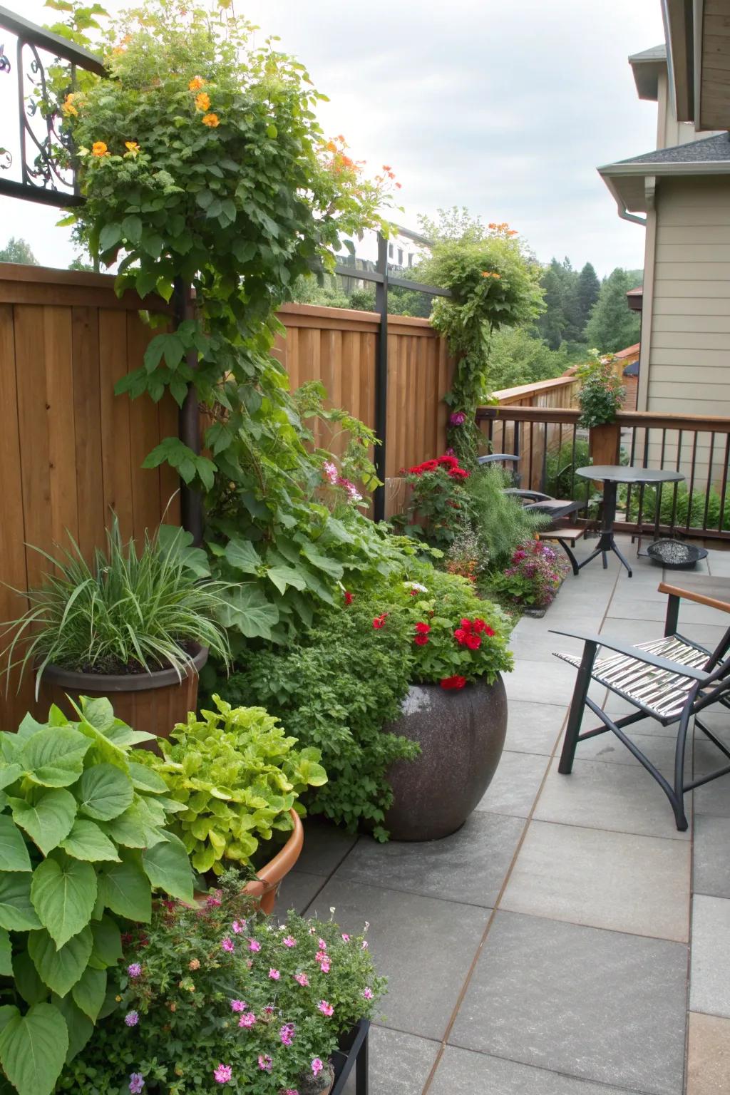 Container gardens offer versatile privacy solutions for patios.