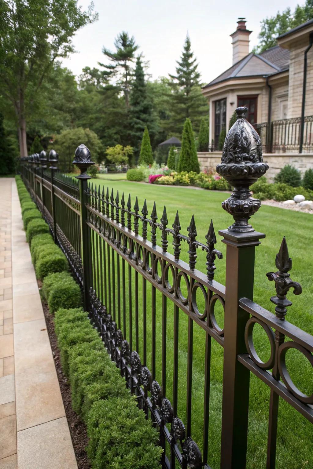 A sophisticated wrought iron fence featuring balltop designs.