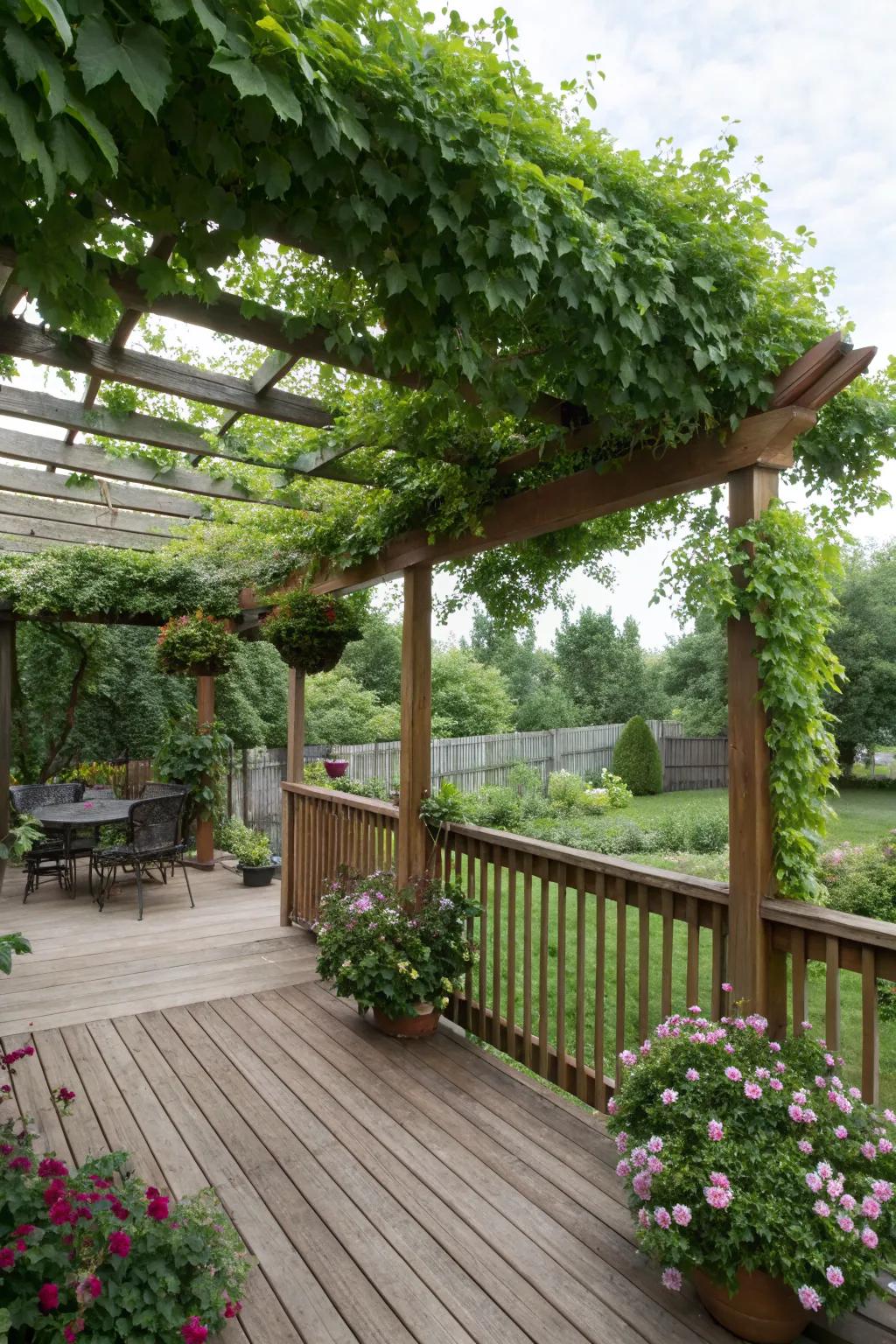 Trellises with vines provide natural privacy.