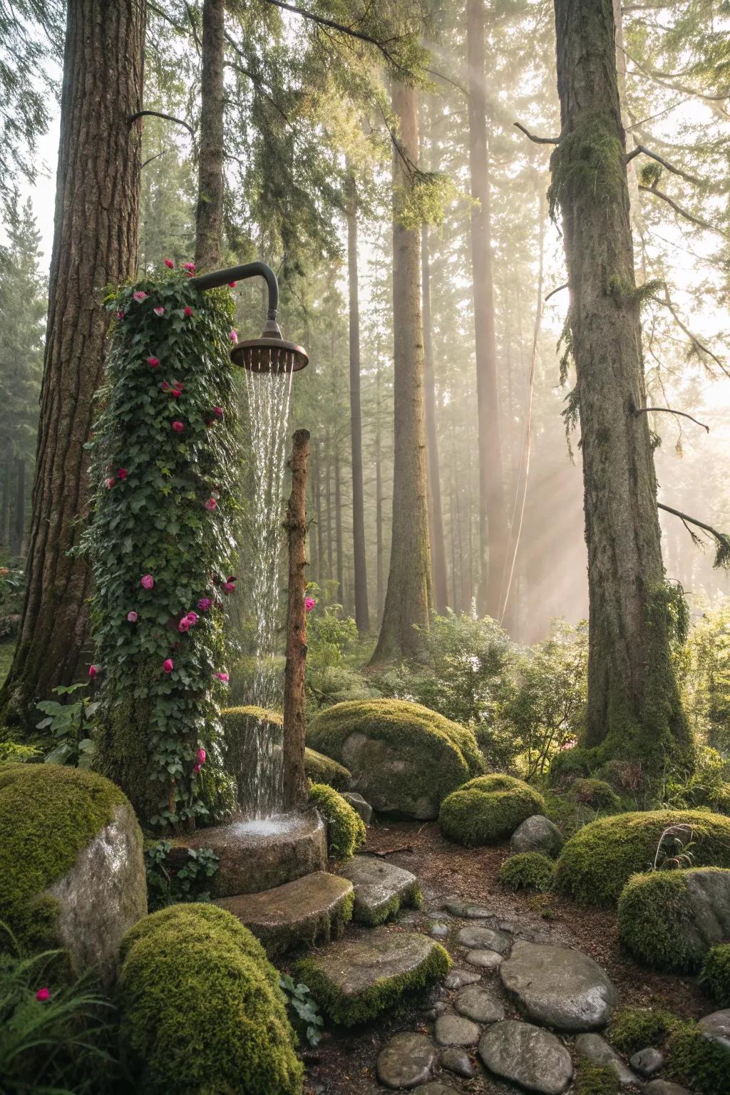 Enchanted forest ambiance with trees and moss for a mystical shower escape.