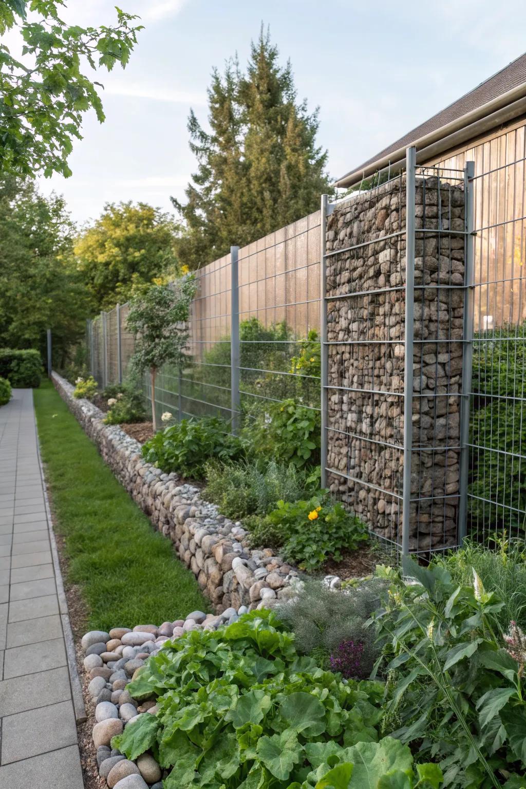 Gabion walls for a strong, industrial look.