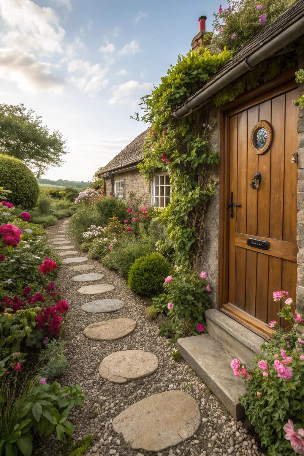 Stepping stones and gravel create a quaint and welcoming footpath.