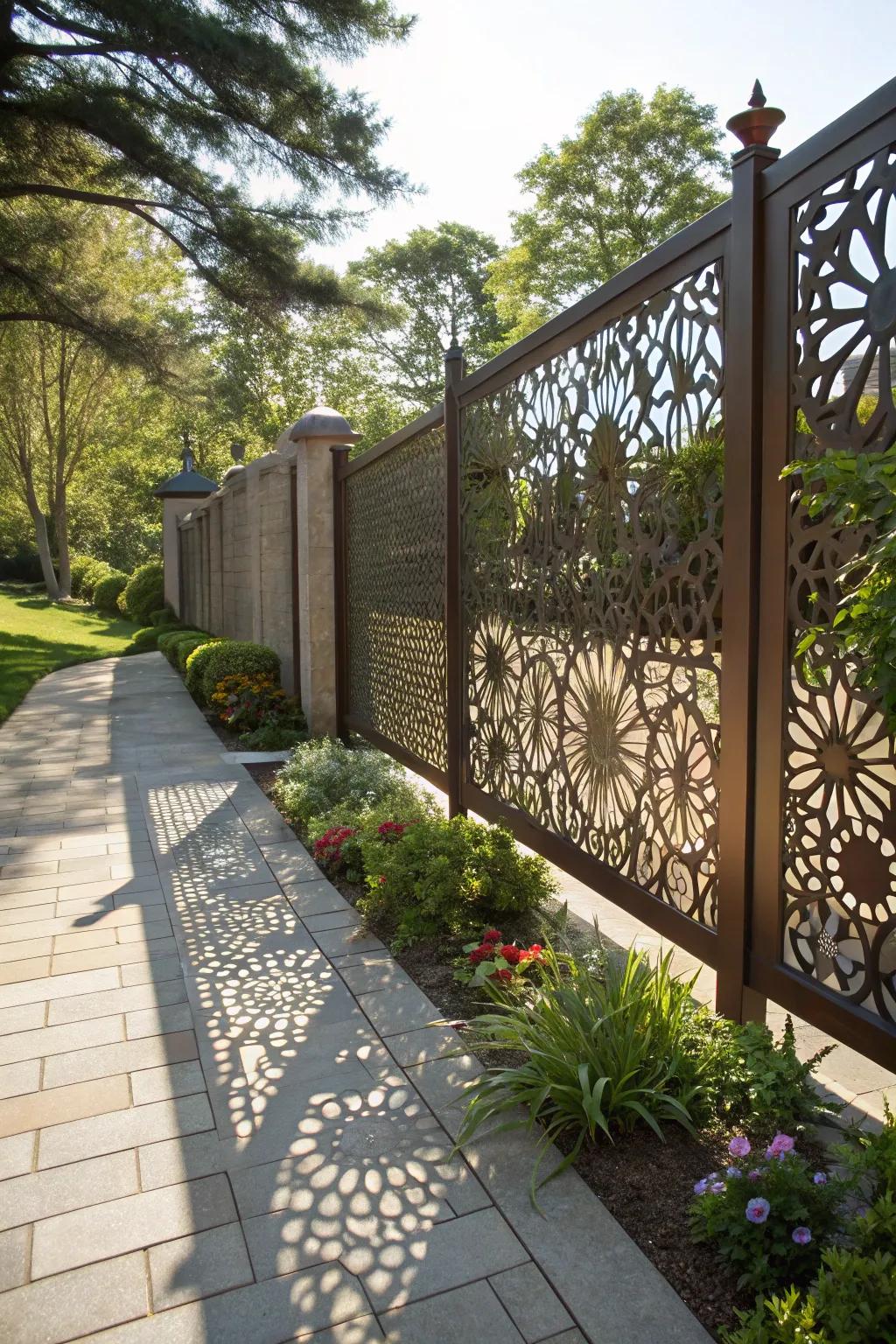 Artistic laser-cut metal panels adding elegance to a fence.