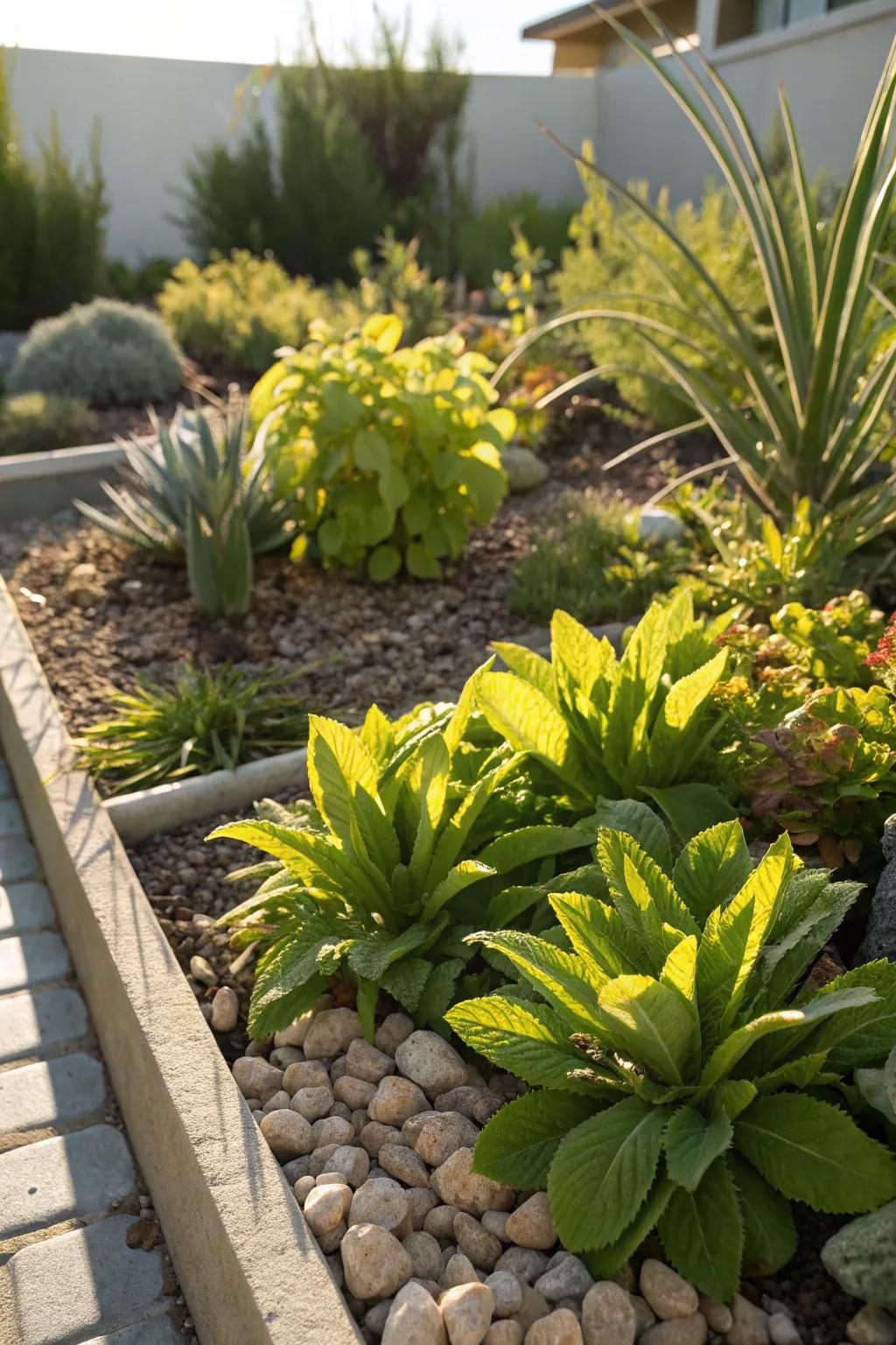 Drought-tolerant plants thriving in a sunny garden.