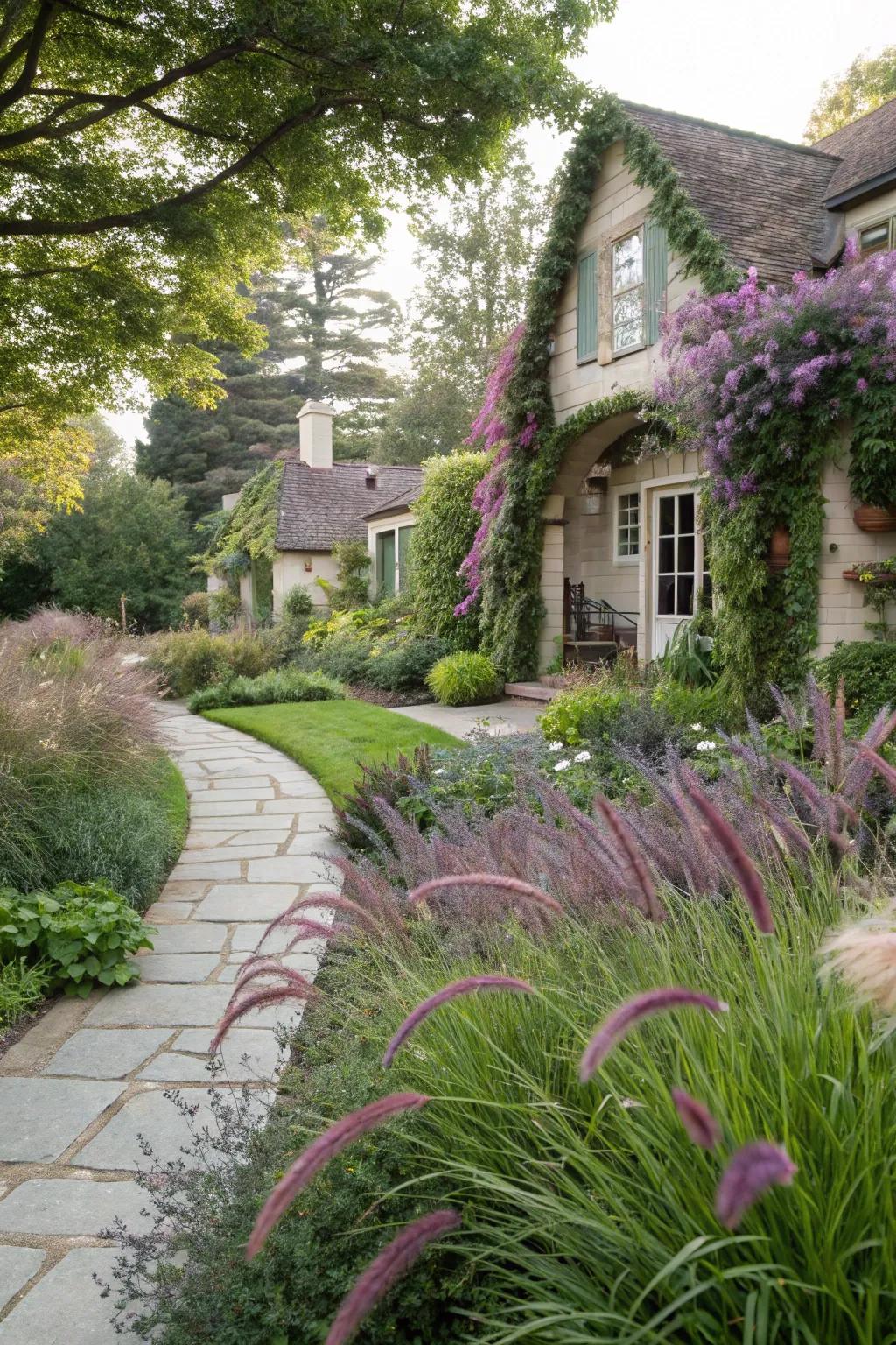 A whimsical cottage garden enhanced by purple fountain grass.