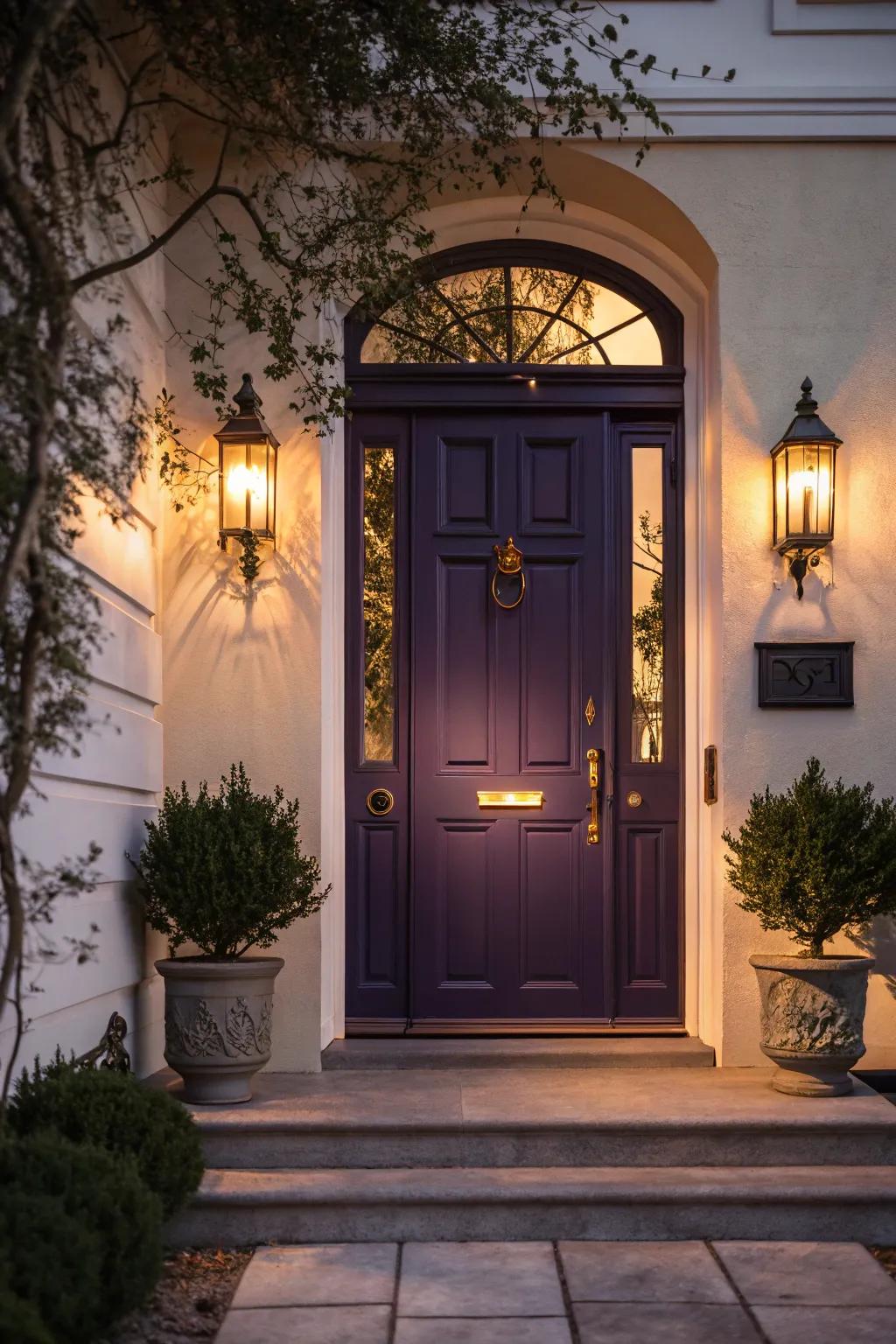 Midnight purple doors bring a touch of elegance that glows in the evening.