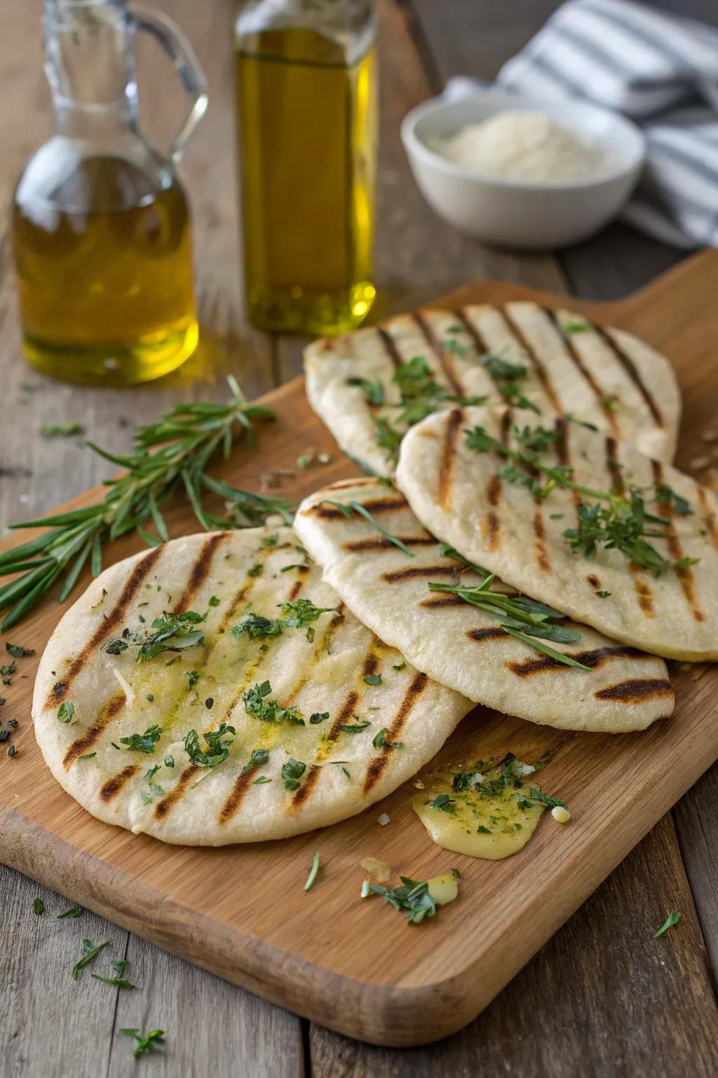 Versatile herbed grilled flatbreads ready to serve.