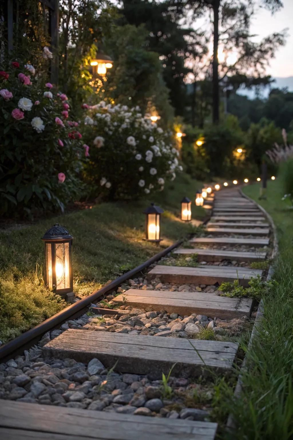 Lighting enhances the charm of railroad tie walkways at night.