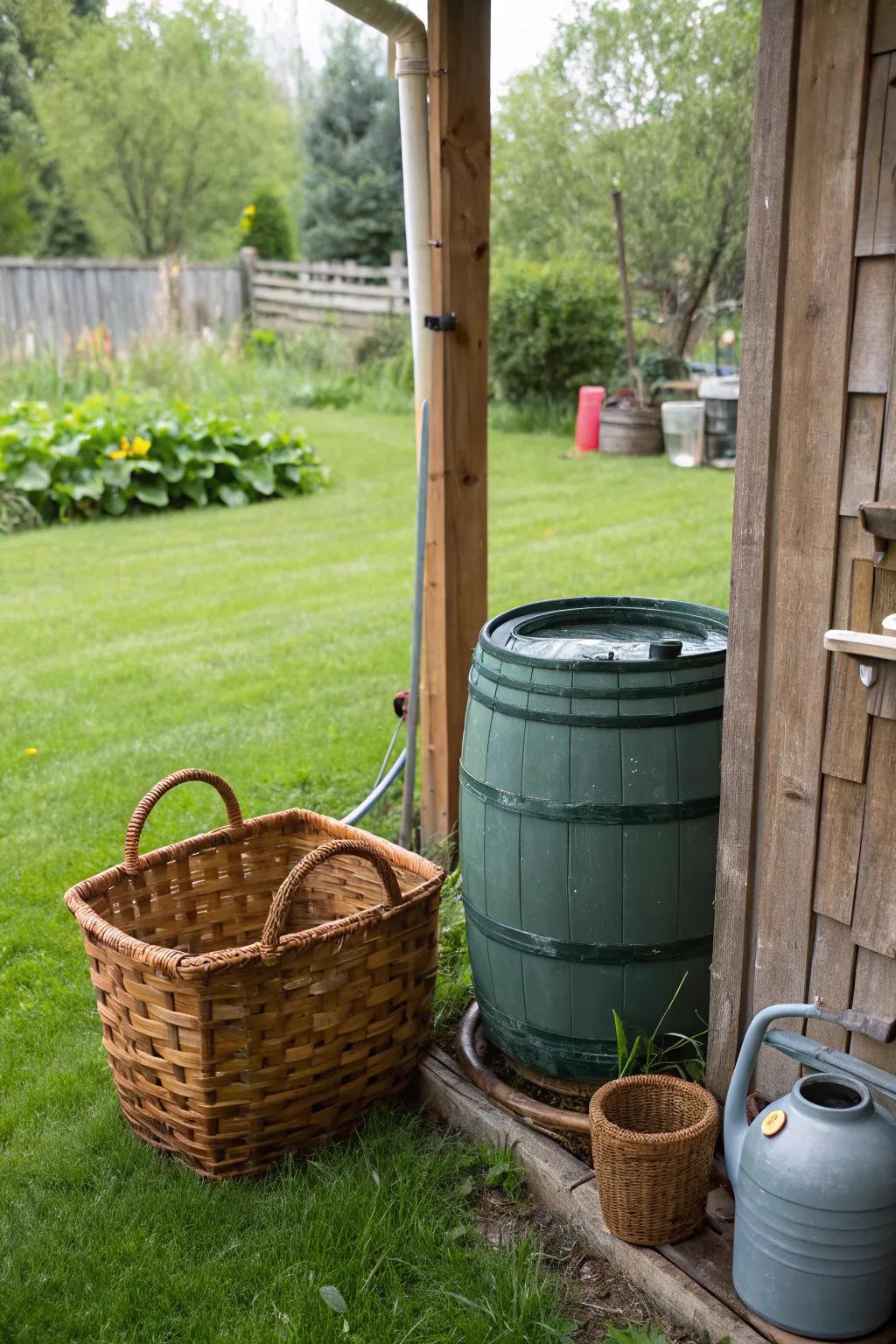 A woven basket holder providing a rustic touch to the garden