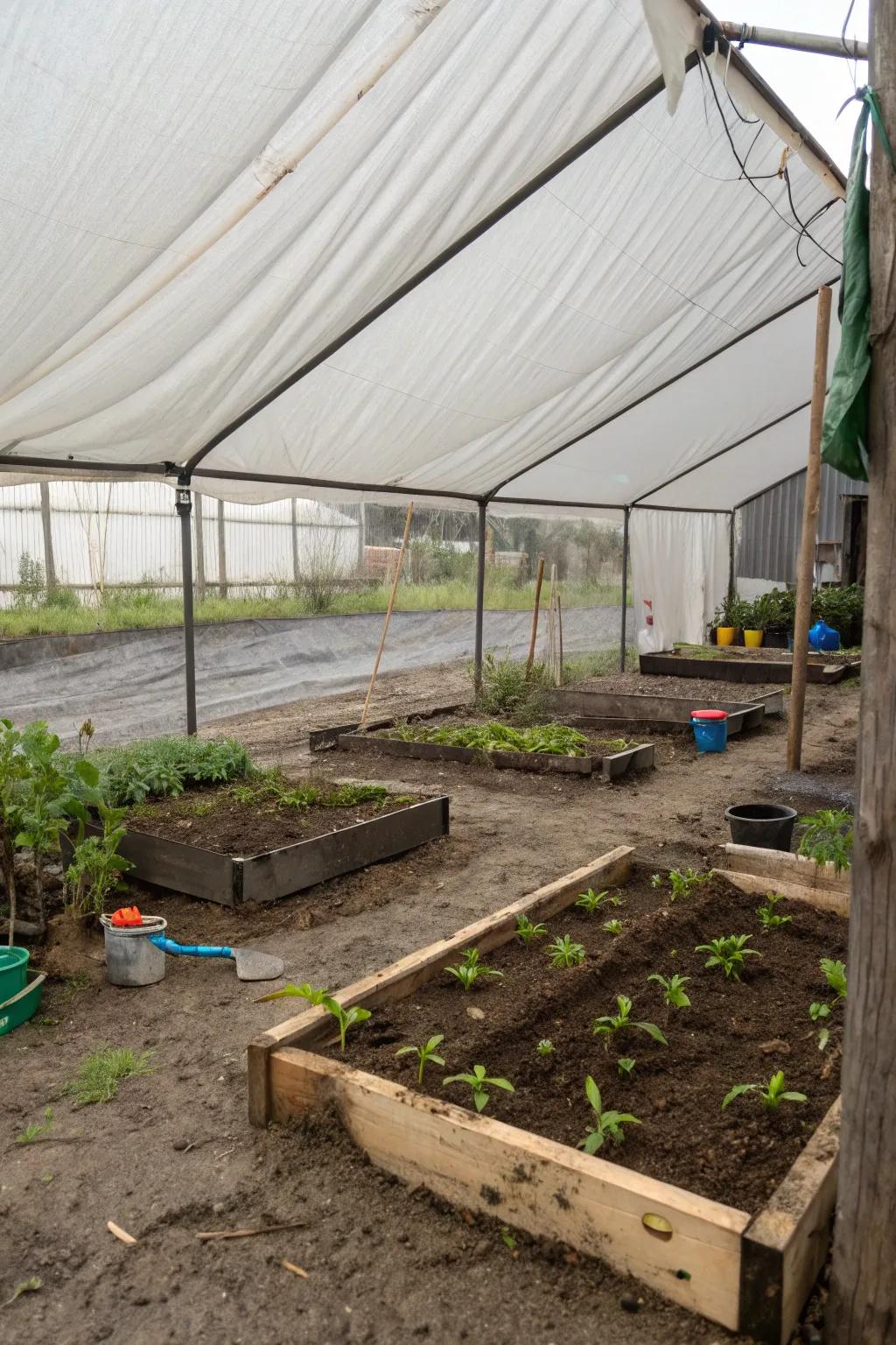 A practical tarp canopy for temporary rain protection.