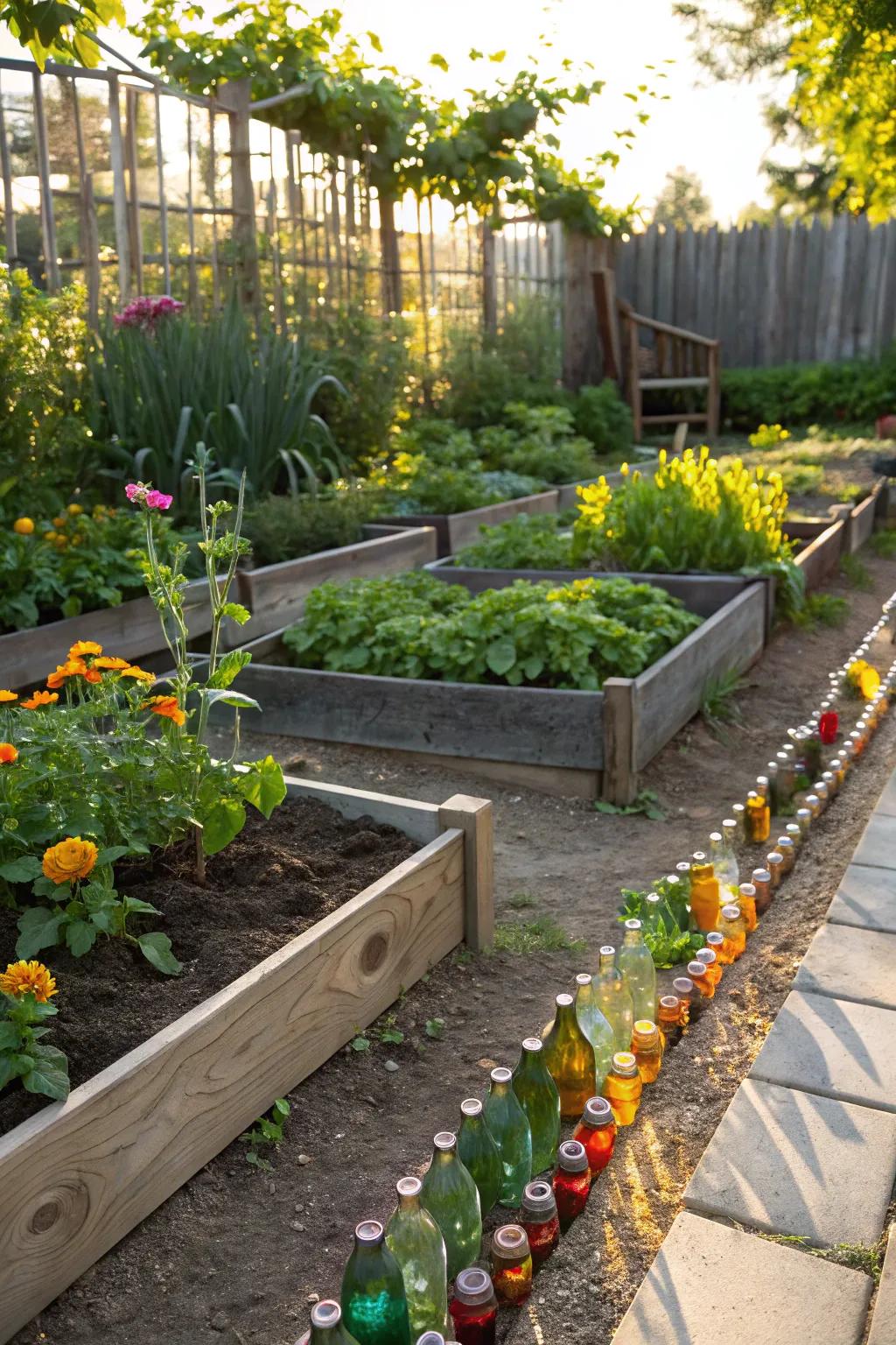 Glass bottle borders add whimsy and color to gardens.