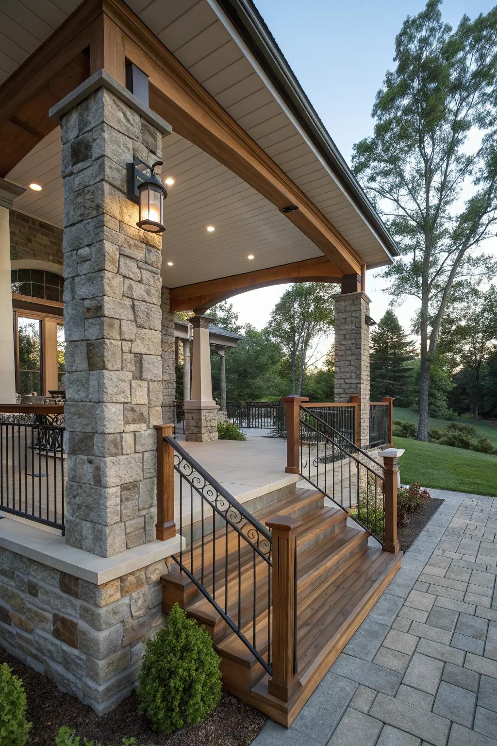 A raised porch featuring a mix of stone, wood, and metal for texture.