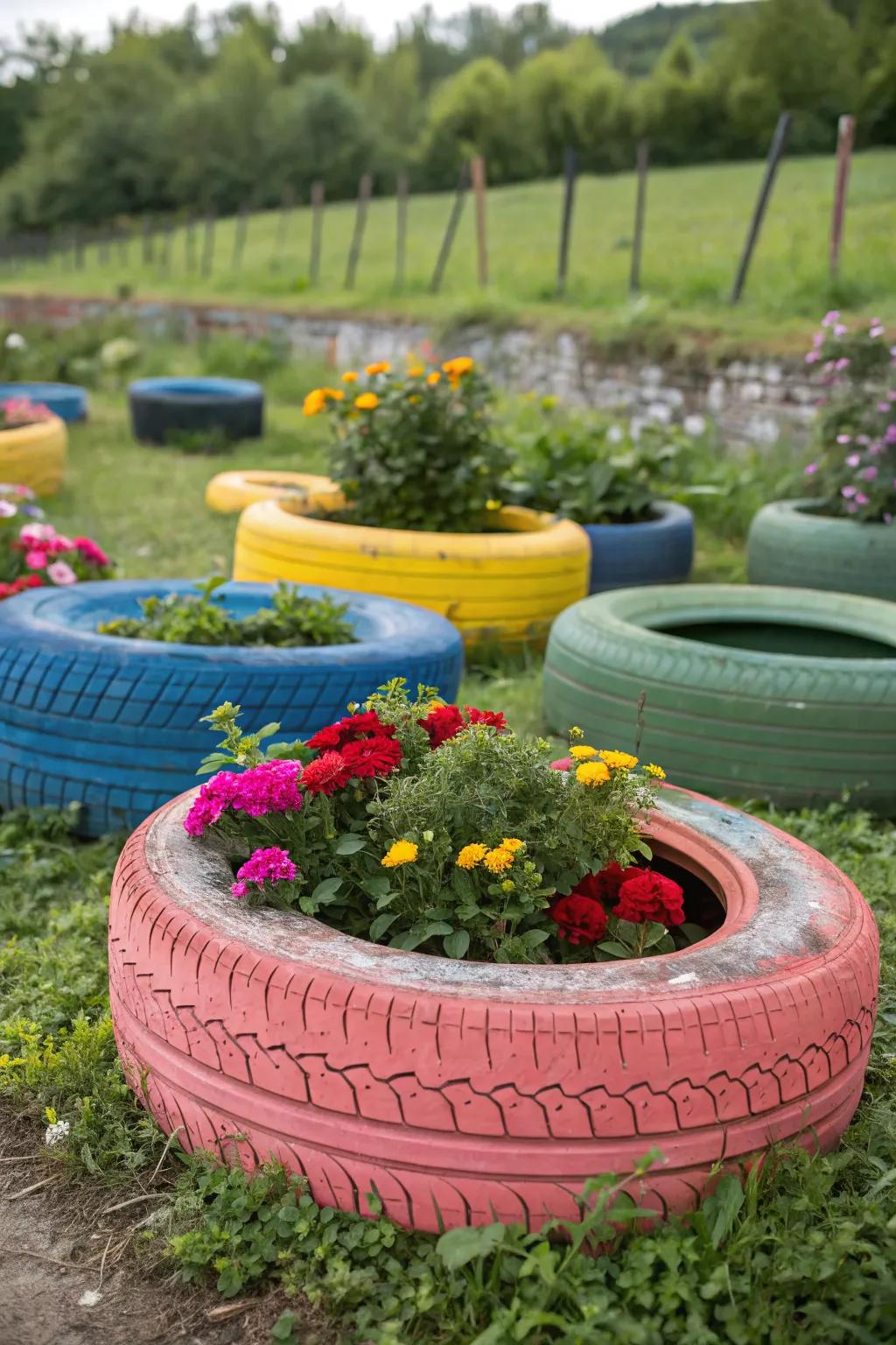 Recycled tires make quirky and colorful raised garden beds.