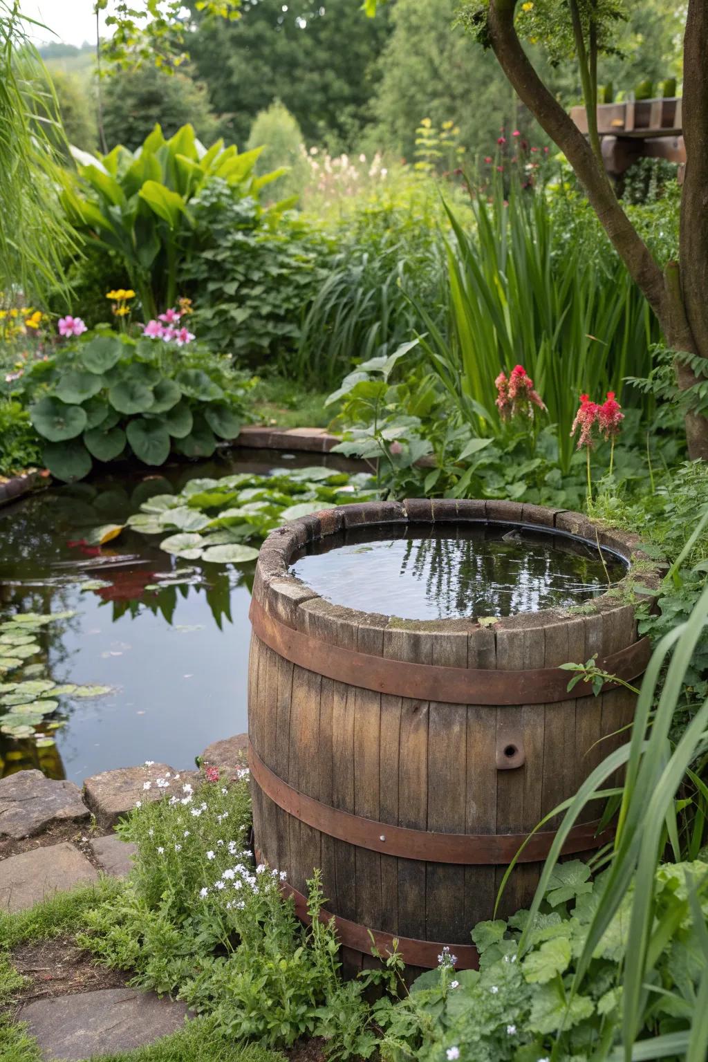 A rustic barrel pond adds charm to any garden.