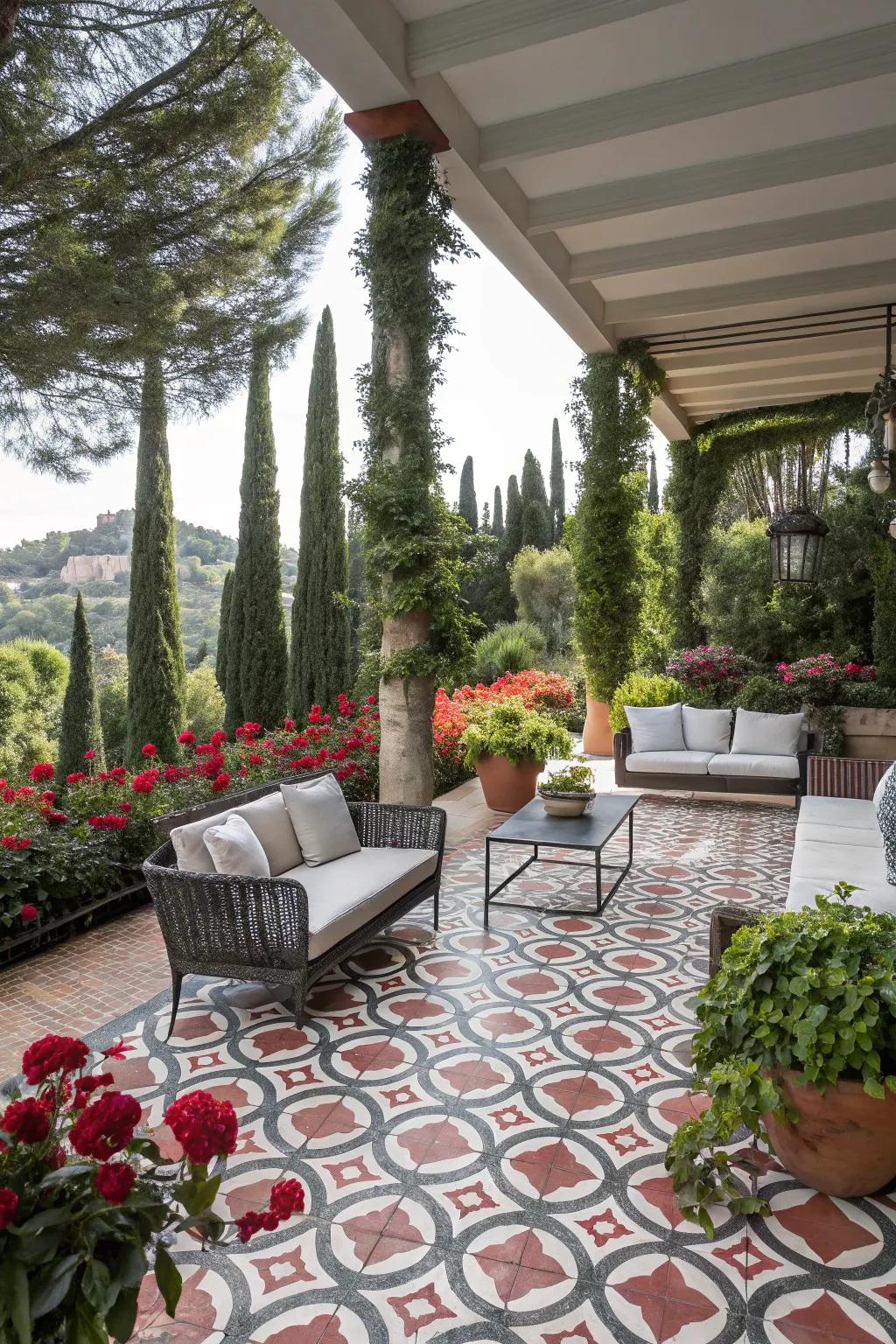 Bold tile patterns make your patio a visual delight.