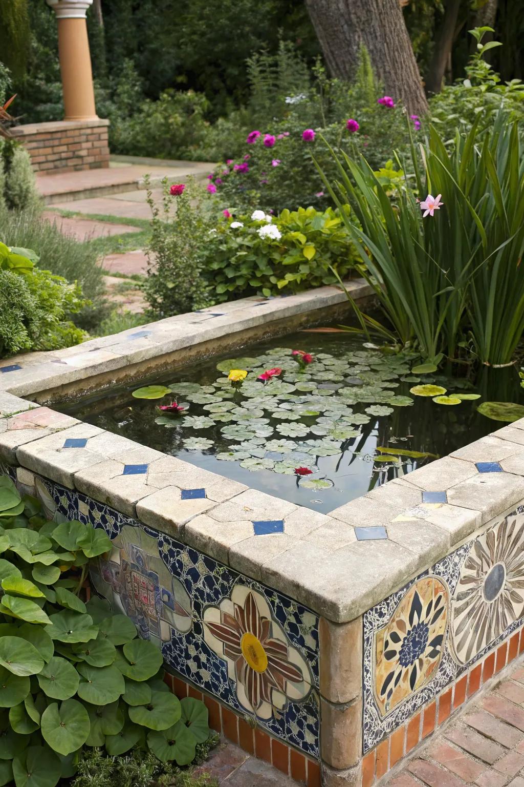 Mosaic tiles add artistic flair and personality to this raised pond.