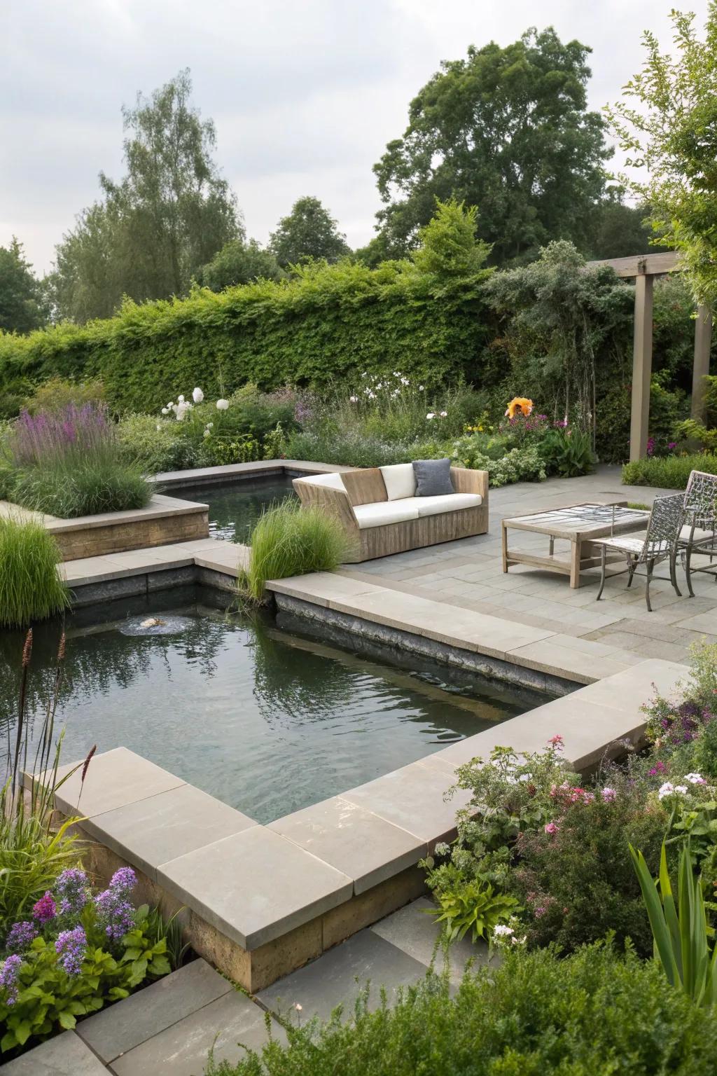 Relax with built-in seating by your pond.