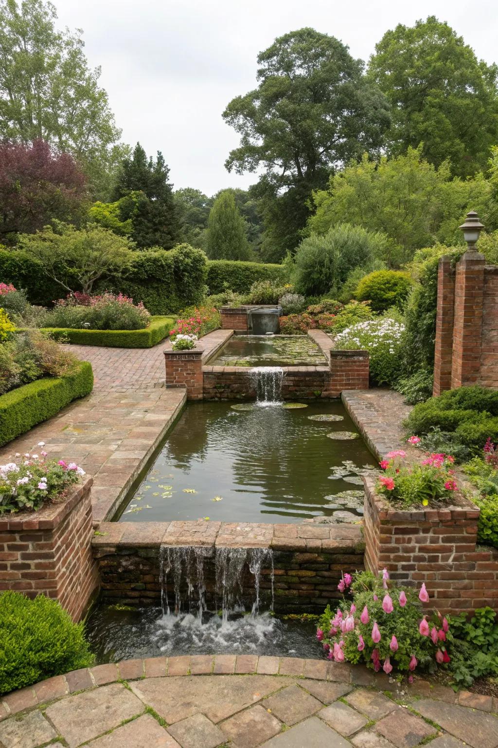 Brick construction adds warmth and stability to this pond design.