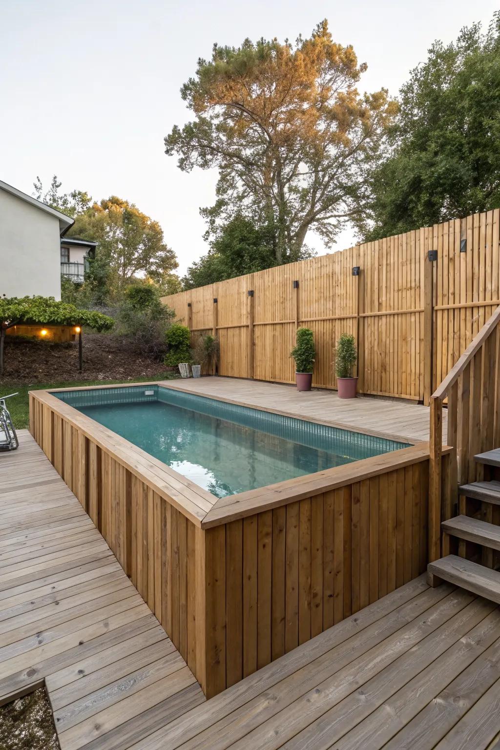 A raised pool with a wooden exterior that blends seamlessly with the deck.