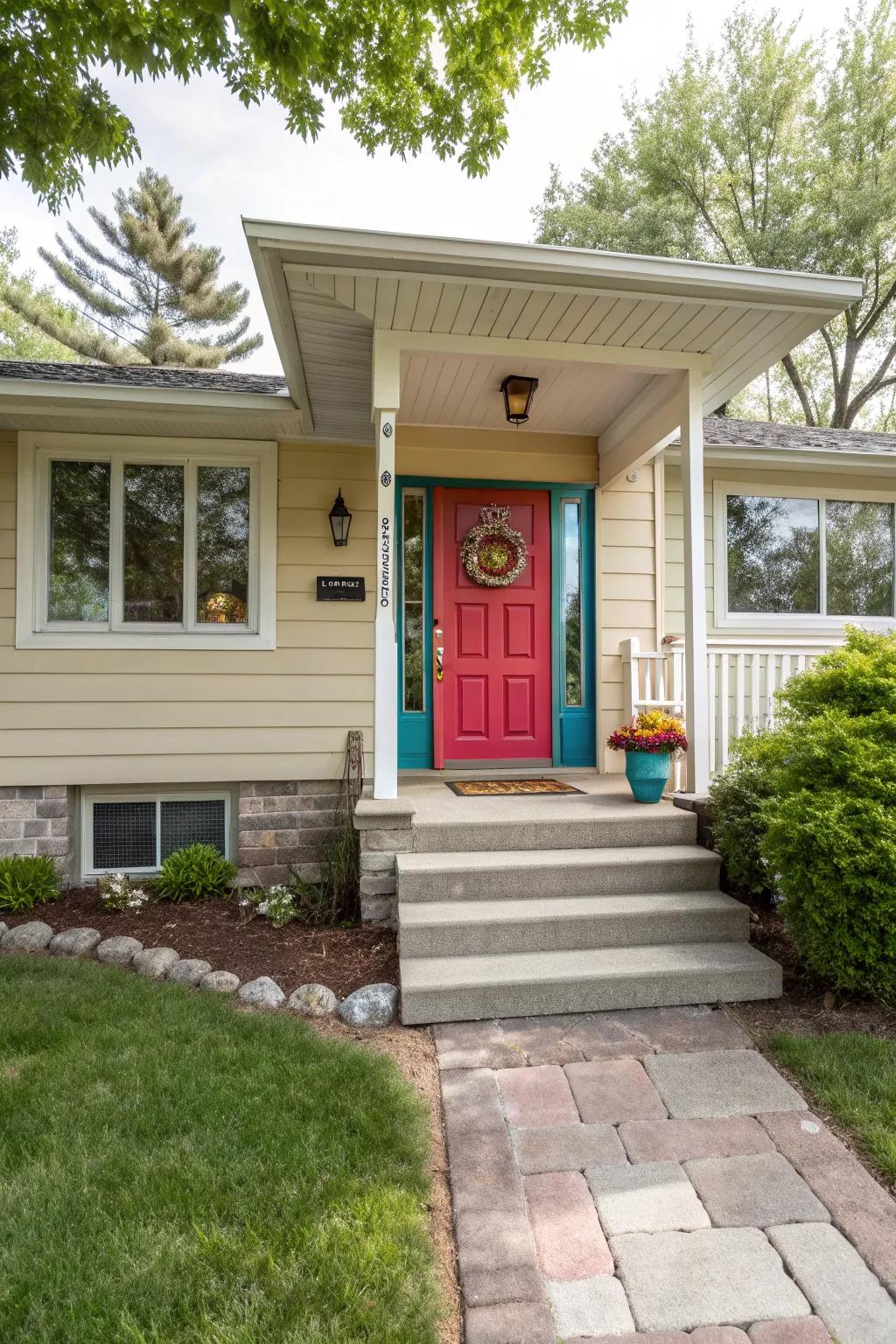 A vibrant raised ranch entrance with a colorful front door.