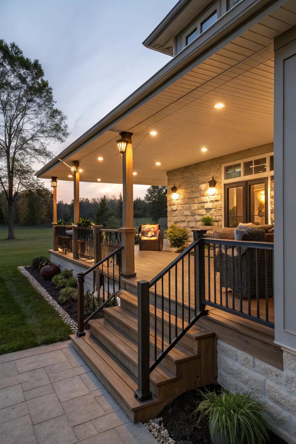 Outdoor lighting highlights and beautifies the porch.