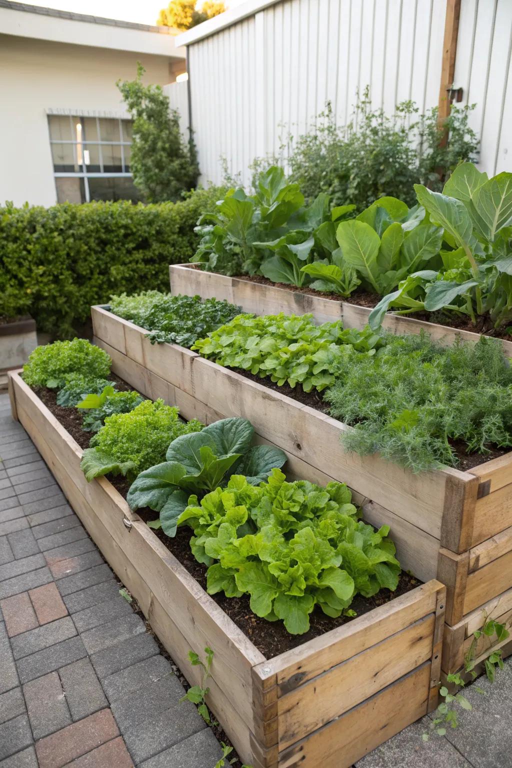 Two-tiered raised garden beds offering depth and dimension to the garden.