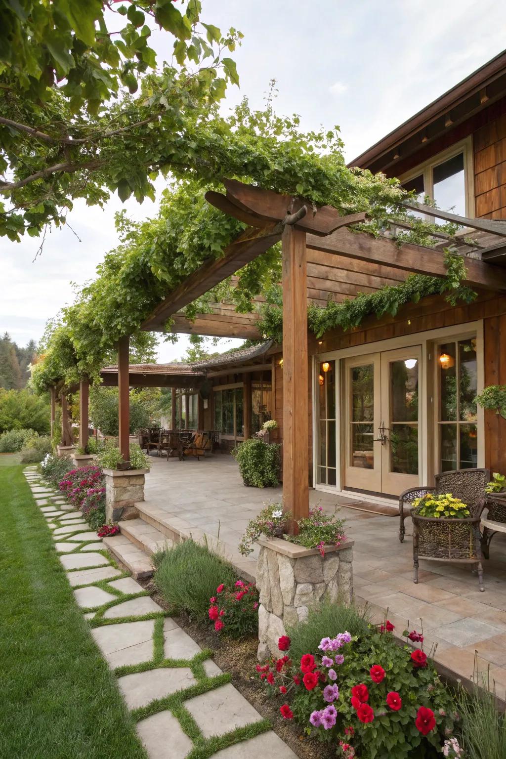 A pergola adds shade and a touch of elegance to this ranch home's patio.