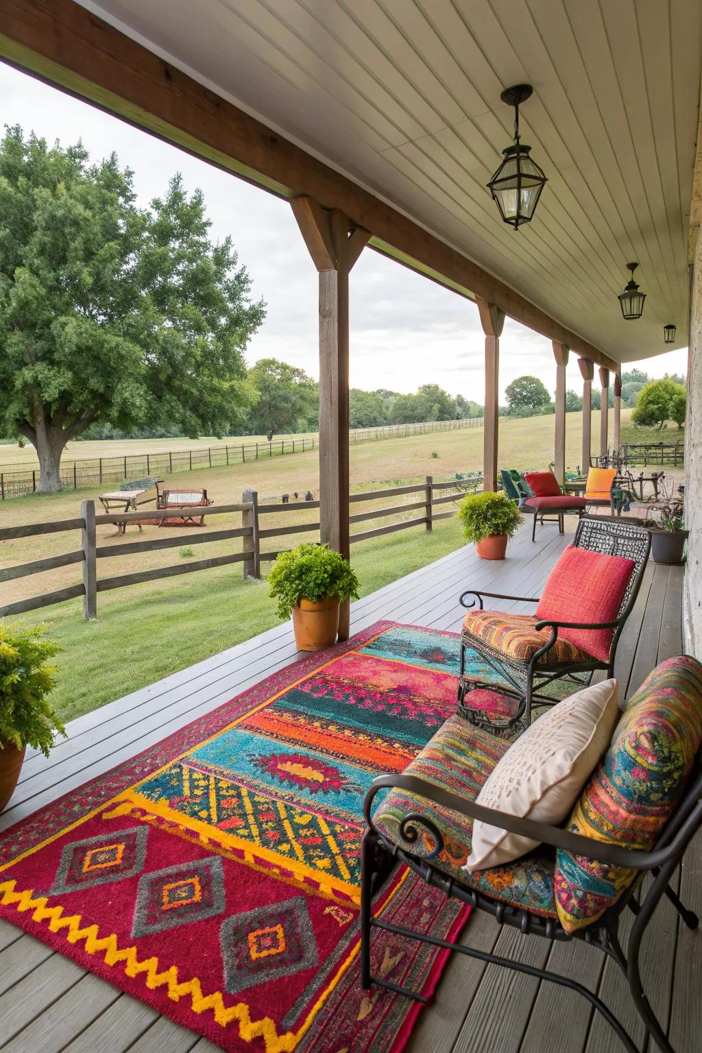 Colorful rugs add a vibrant touch to this ranch house porch.